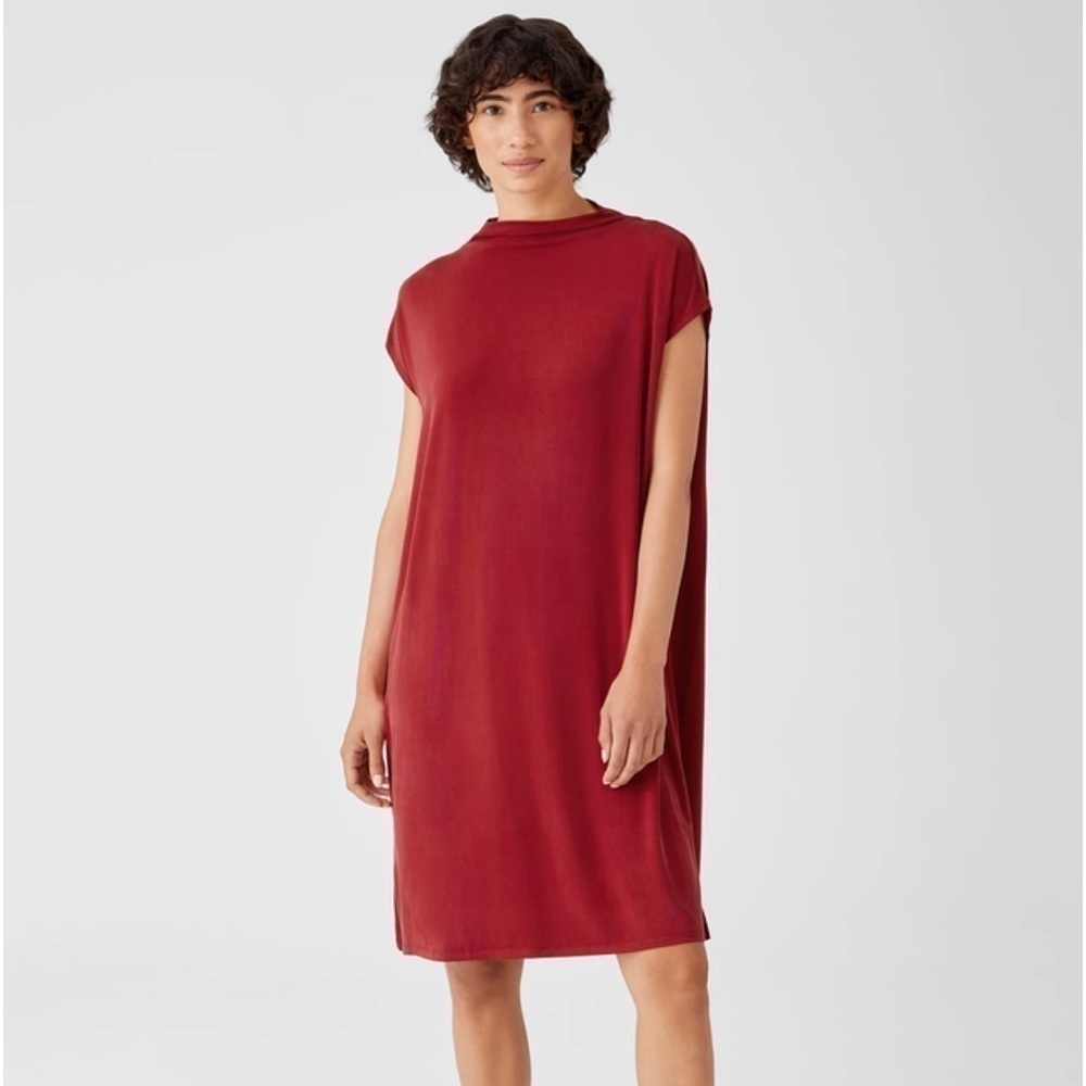 Eileen Fisher Sueded Sandwashed Cupro-Knit Funnel-Neck Dress